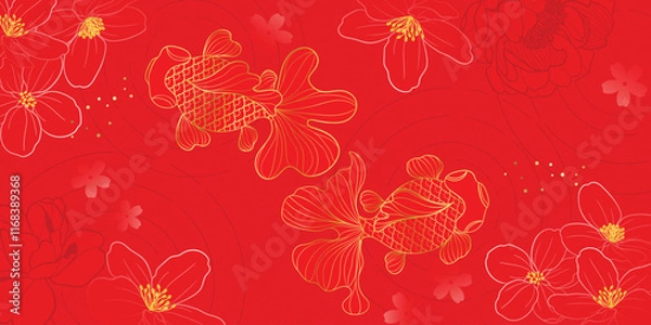 Fototapeta Chinese New Year background vector. Chinese and Japanese wallpaper pattern design of elegant goldfish, peony flower, river. Design illustration for decoration, wall decor, banner, website, ads.