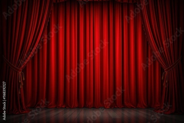 Fototapeta Elegant red theater curtain with dramatic folds, tied at the sides, on a wooden floor under soft lighting.