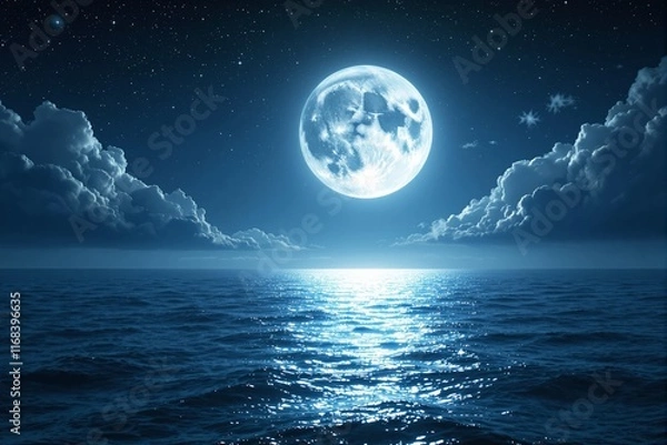 Fototapeta Enchanting full moon illuminating ocean waves under a starry night sky with dramatic clouds.
