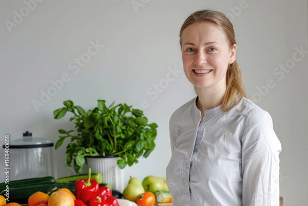 Fototapeta A smiling nutritionist stands beside a table of fresh fruits and vegetables