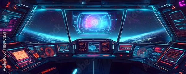Obraz Futuristic spaceship cockpit, vibrant neon lights, interstellar view.