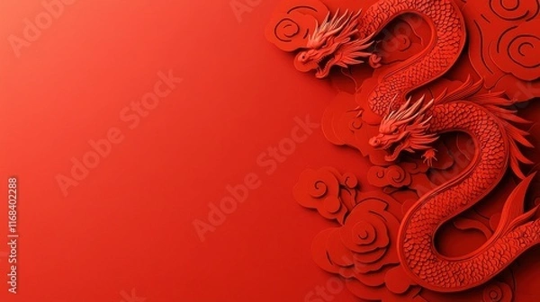 Fototapeta A stunning red background featuring intricate dragon motifs, symbolizing power and good fortune in various cultures.