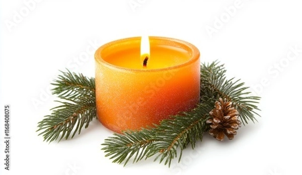Obraz Lit amber candle with pine & cone.