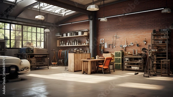 Obraz Spacious Industrial-Themed Garage: A Sanctuary for Classic Car Enthusiasts and Mechanics