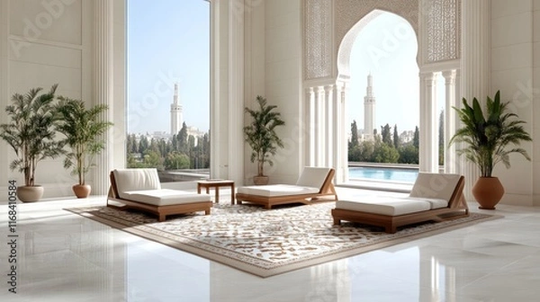 Fototapeta Elegant indoor lounge area with a view of lush greenery.