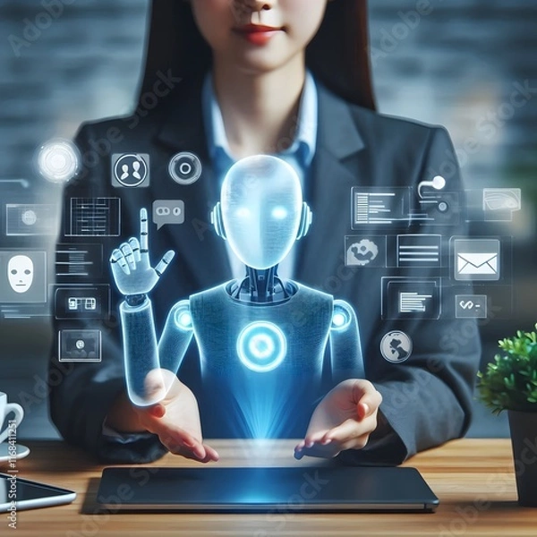 Obraz AI Generate of Businesswoman holding hologram digital chatbot, robot application, conversation assistant, a digital chatbot on virtual screen