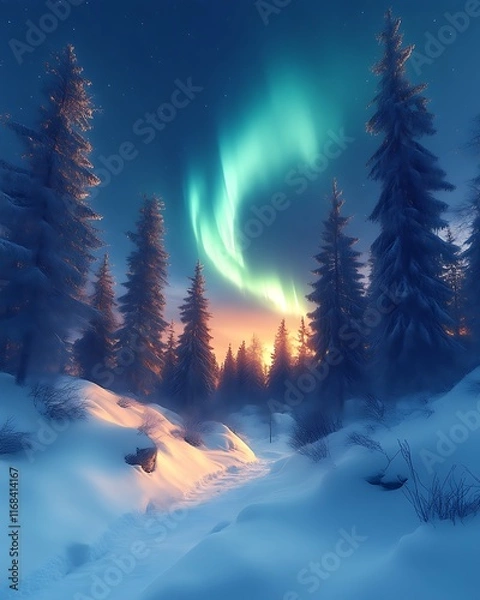 Obraz Aurora borealis over snowy pine forest at sunset.