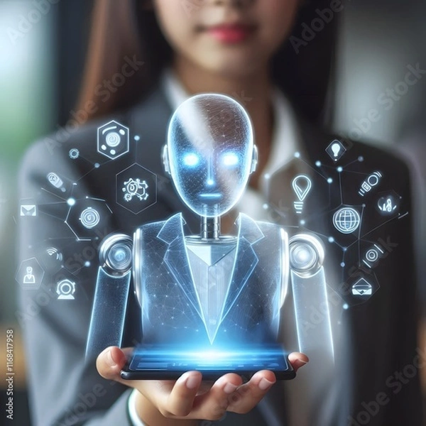 Obraz AI Generate of Businesswoman holding hologram digital chatbot, robot application, conversation assistant, a digital chatbot on virtual screen