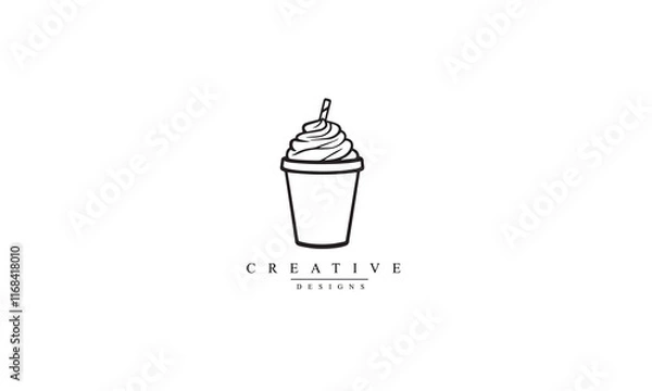 Fototapeta Frappe with whipped cream line icon black logo white background