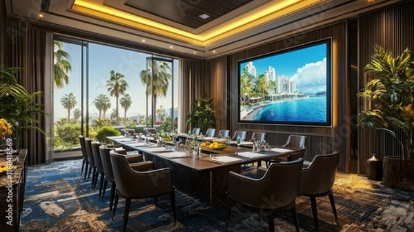 Fototapeta Modern conference room with scenic views and audiovisual setup.