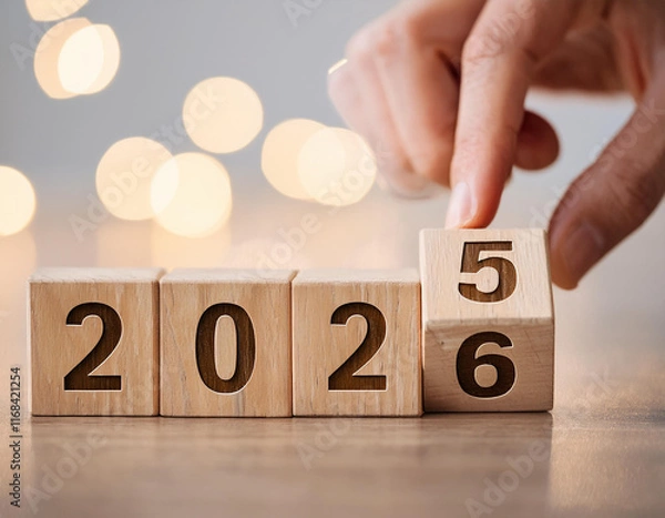 Obraz New Year Goals 2026. Flipping numbers 2025 to 2026 on a wooden block cube on a light bokeh