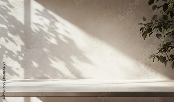 Fototapeta Minimalist beige wall background with sunlight shadows, plant, and empty surface.