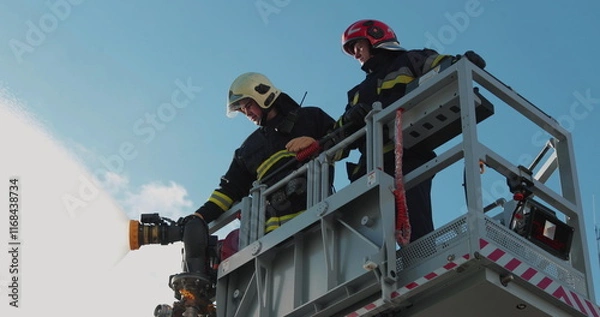 Fototapeta Firefighters stand in a special lifting cradle and put out a fire with a fire hose. The footage shows hard work in extreme conditions. Ideal for themes about rescue operations.