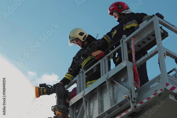 Fototapeta Firefighters stand in a special lifting cradle and put out a fire with a fire hose. The footage shows hard work in extreme conditions. Ideal for themes about rescue operations.