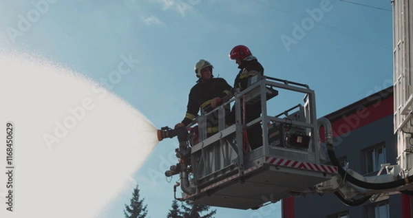 Fototapeta Firefighters stand in a special lifting cradle and put out a fire with a fire hose. The footage shows hard work in extreme conditions. Ideal for themes about rescue operations.