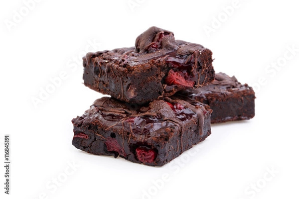 Fototapeta Delicious vegetarian brownie with cherries isolated on white bac