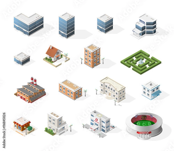 Fototapeta Isometric High Quality City Street Urban Buildings on White Background. 