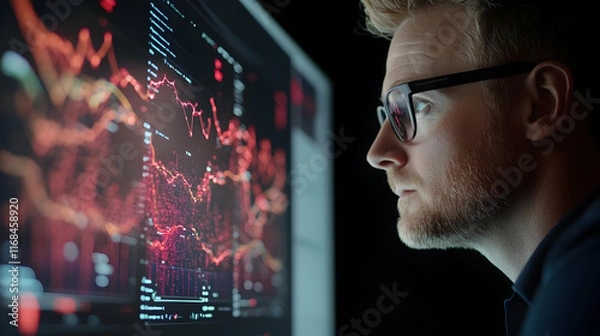 Obraz Man intently studies complex financial data charts