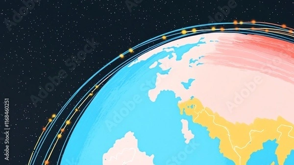 Fototapeta Global Network Illustration: Vividly Painted Earth Orbiting in Space. AI Generated