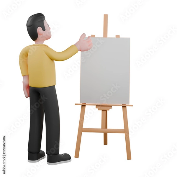 Fototapeta Full Designer Workflow Characters 3D Model. A male designer set stands in front of a painting and his right hand is open. Cartoon Style