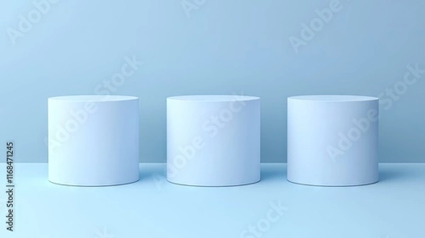 Fototapeta Three simple white cylindrical pedestals on a light blue background for display purposes.