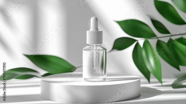 Fototapeta Glass dropper bottle with clear serum on white platform, surrounded by green leaves and sunlight.