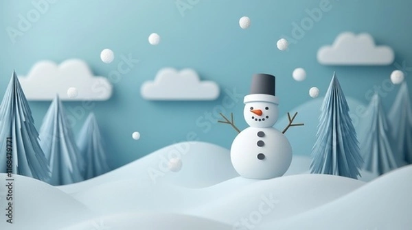 Fototapeta sculptural winter landscape with floating display circles, delightful paper snowman creation, modern geometric pines, clean mountain silhouettes, dimensional cloud forms, delicate snow particles,
