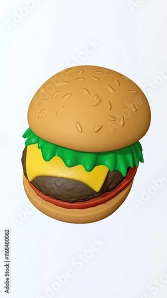 Fototapeta A colorful, cartoon-style hamburger with lettuce, cheese, and a sesame seed bun.