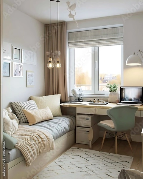 Fototapeta Cozy Modern Apartment Home Office with Natural Light and Decor