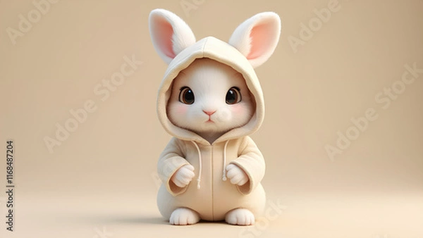 Fototapeta A fluffy white rabbit wearing a cozy oversized cream hoodie