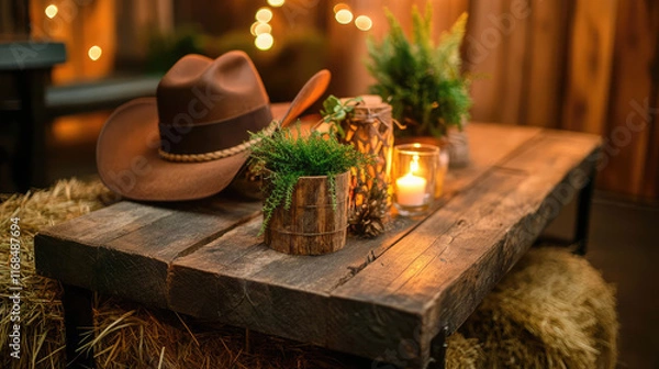 Fototapeta A wooden table with a brown hat on top of it and a bunch of plants in vases