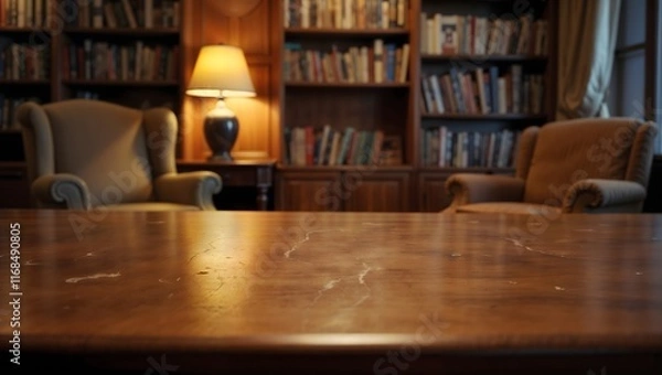 Obraz Empty wooden table top with blurred bookshelves in the background of a bookstore macro shot, bookstore, library, background, blurred, design, furniture, book, literature, wooden table