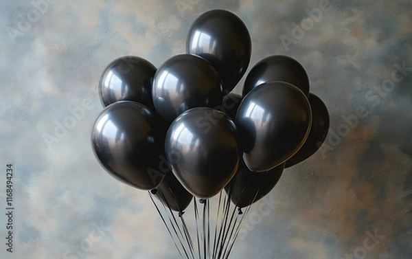 Fototapeta Bunch of black balloons against grunge background.