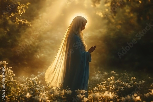 Obraz Holy virgin mary praying in a field of lilies at sunrise