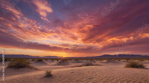 Fototapeta A colorful sunset in the desert, with dramatic clouds glowing in shades of magenta and peach, and sand dunes reflecting soft pastel colors.
