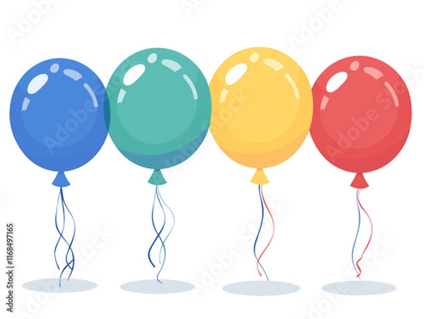 Obraz Brightly colored balloons in a cartoon style, ideal for birthdays and parties. Available in blue, red, yellow, and green, tied to a rope and isolated on a white background. Perfect for celebrations an