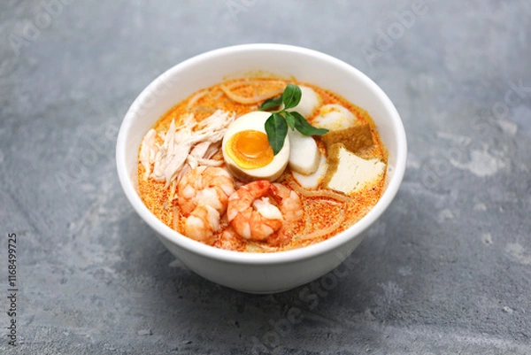 Fototapeta Laksa lemak is a noodle dish from Malaysia and Singapore.
A creamy spicy soup made with a coconut milk base. Common ingredients include shrimp, tofu, boiled eggs, and laksa leaf. 