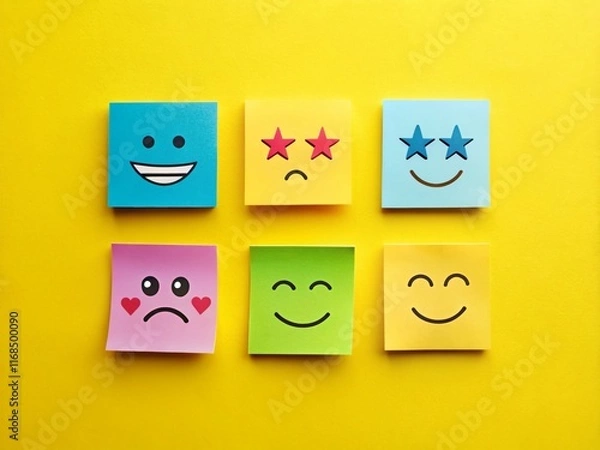 Fototapeta Colorful Sticky Notes with Emojis & Ratings: Happy Customer Feedback Background
