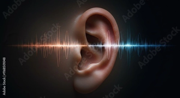 Fototapeta Close-Up of Human Ear with Superimposed Sound Waves. Ideal for Hearing and Audiology Themes.