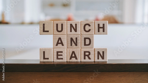 Fototapeta Three wooden blocks stacked vertically on a dark surface read "LUNCH AND LEARN.". A blurred bright background suggests a professional learning setting