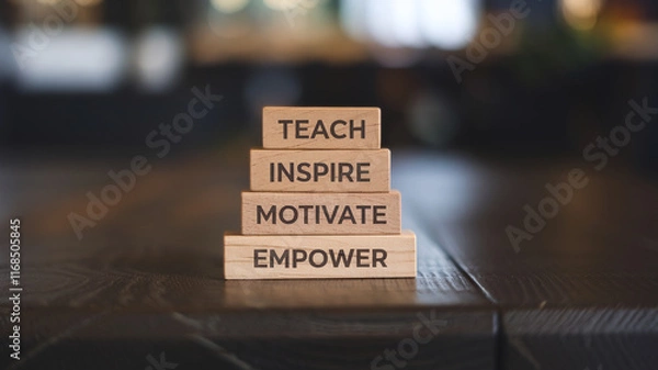 Fototapeta Four stacked wooden blocks display "TEACH," "INSPIRE," "MOTIVATE," and "EMPOWER" on a dark wooden surface. Sharp focus highlights the motivational words against a blurred indoor background.






