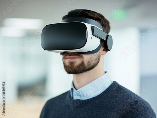 Fototapeta A man wearing a virtual reality headset in a modern office environment, engaged in immersive technology.