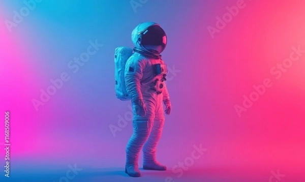 Fototapeta Astronaut standing under vibrant pink and blue neon lights in a reflective spacesuit