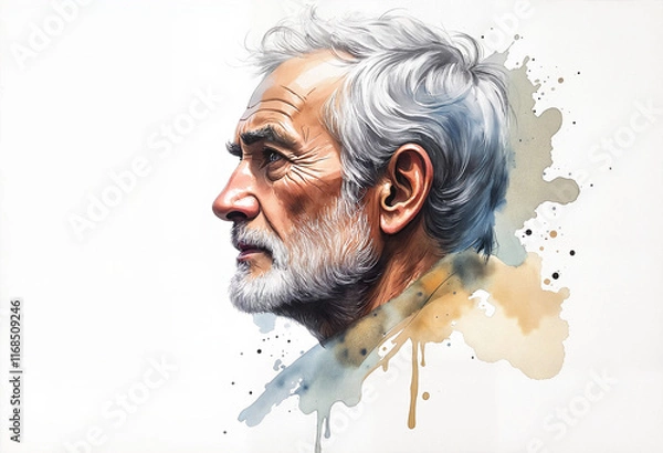 Fototapeta Profile portrait of thoughtful elderly man with artistic watercolor background
