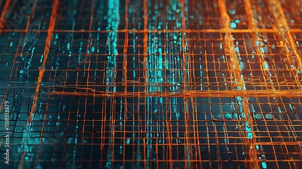 Fototapeta A high-tech digital grid with holographic data streams flowing in vibrant orange and turquoise tones, creating a dynamic sense of movement.