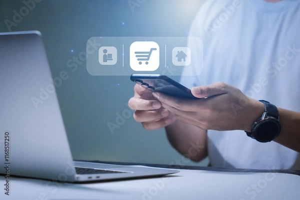 Obraz Business e-commerce concept. Man or woman use mobile smart phone with online shopping icons for Internet shopping, online purchase, e-commerce store, online business, shopping on the internet.