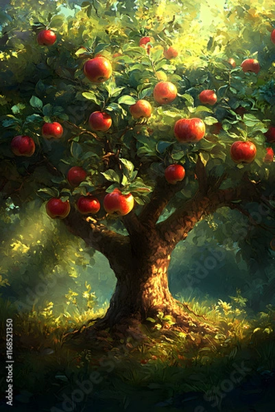 Fototapeta Enchanting Orchard: An Apple Tree With Charming Apples in a Verdant Landscape