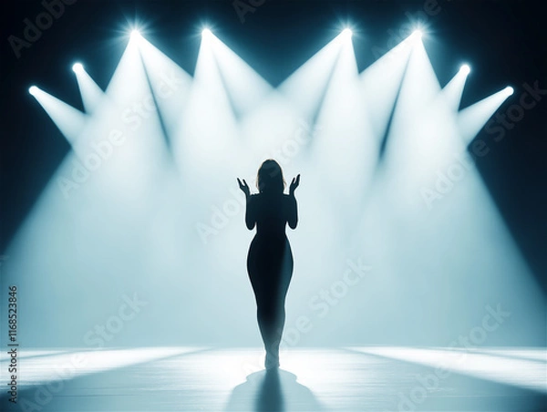 Fototapeta A silhouette of a female performer singing on a dramatic stage with bright spotlights and smoke. Perfect for music-related or artistic concepts.