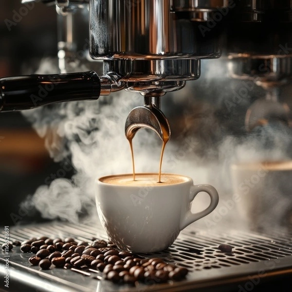 Fototapeta Espresso poruing from coffee machine at cafe