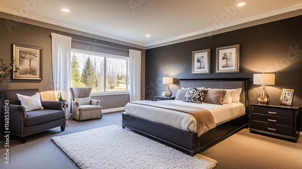 Obraz A middle-class family clean simple high-end bedroom, mainly black, supplemented by gray and a small amount of white, furniture bed is quite textured, there is a clean wall, simple carpet.